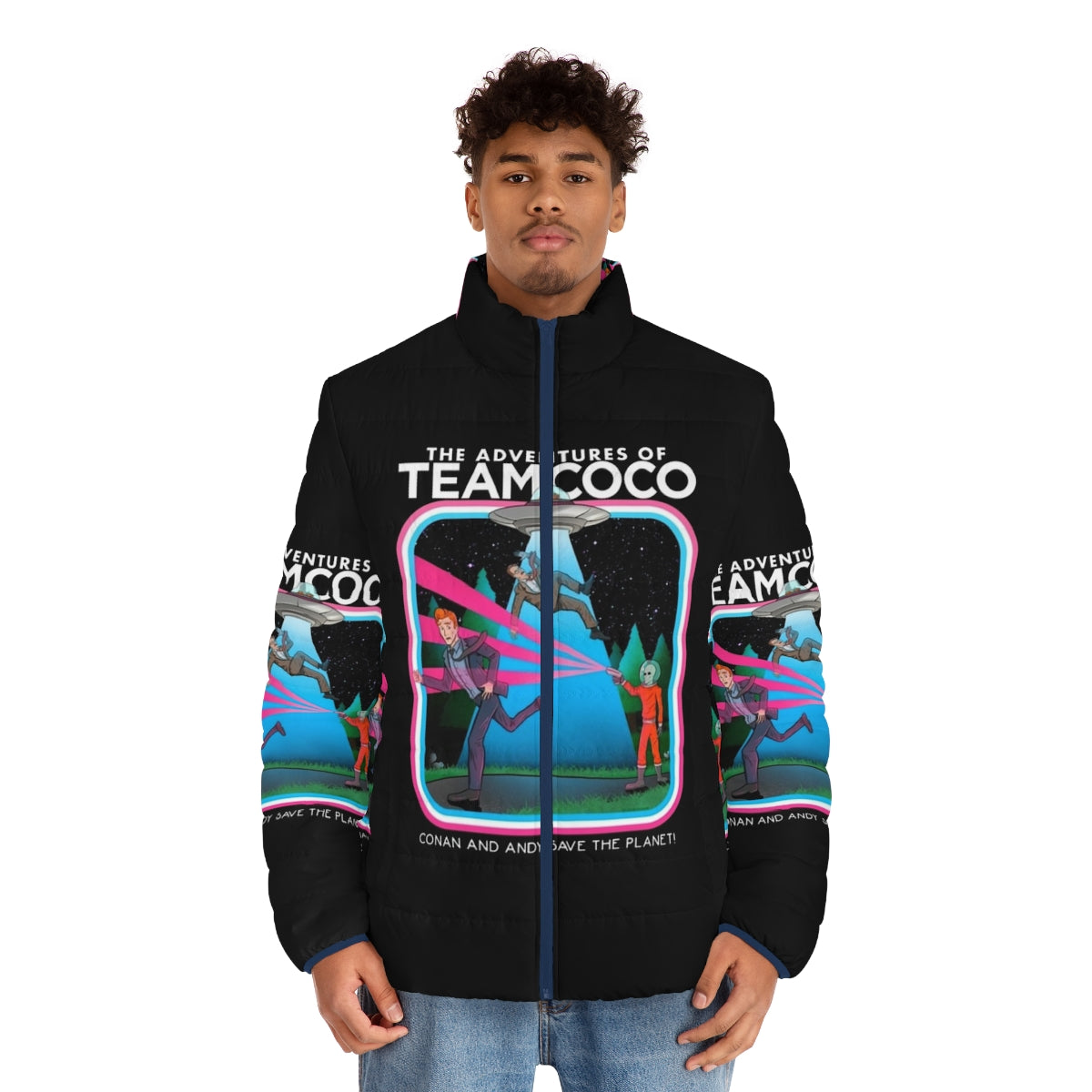 Team Coco Puffer Jacket with UFO and alien graphics - men front