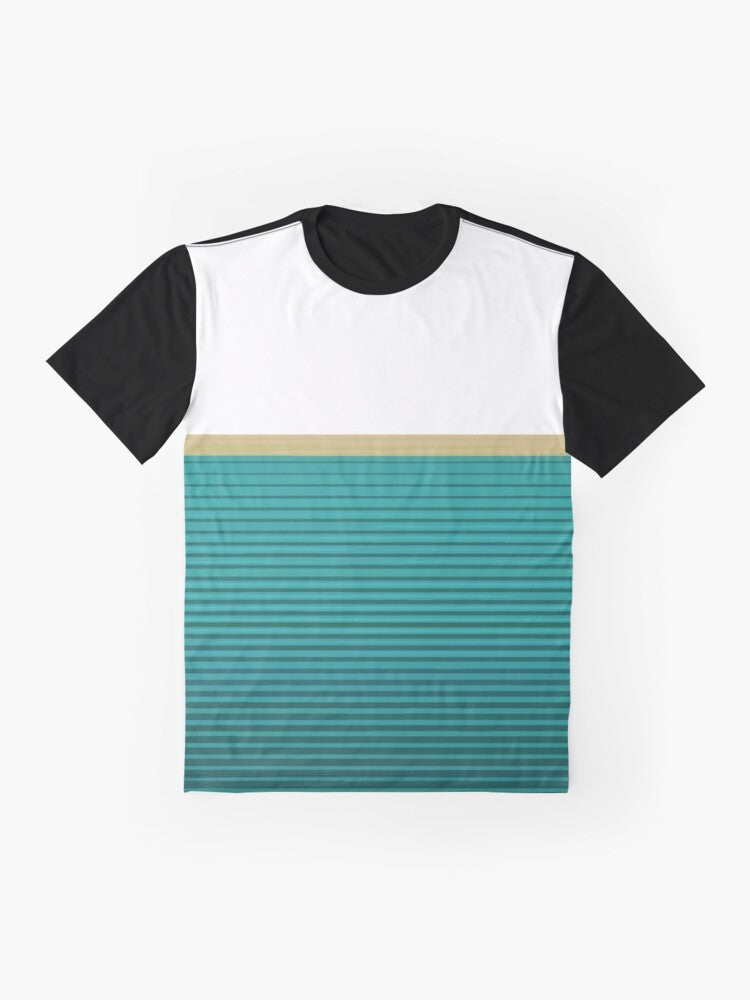 Graphic t-shirt featuring an abstract design in teal, gold, and black colors, with a "Alive with Pleasure Hopefully" text element. - Flat lay