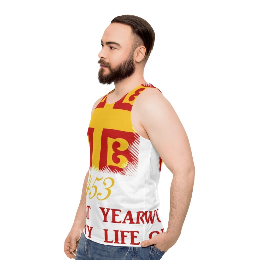 Unisex tank top with "1453: Worst Year of My Byzantine Life" design - men side