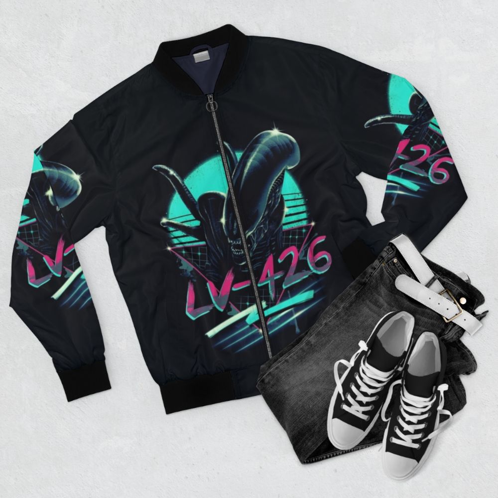 Xenomorph alien bomber jacket with space and monster design - Flat lay