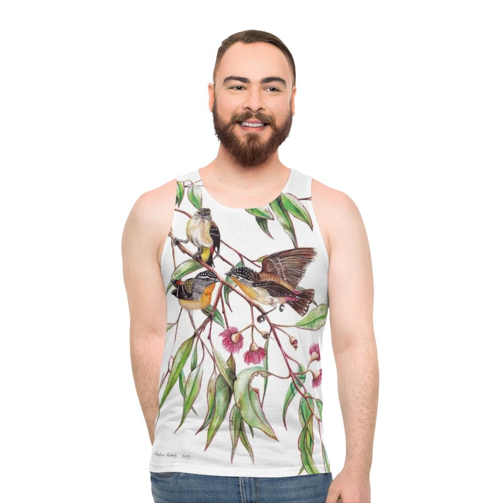 Spotted pardalotes on pink flowering gum unisex tank top - men