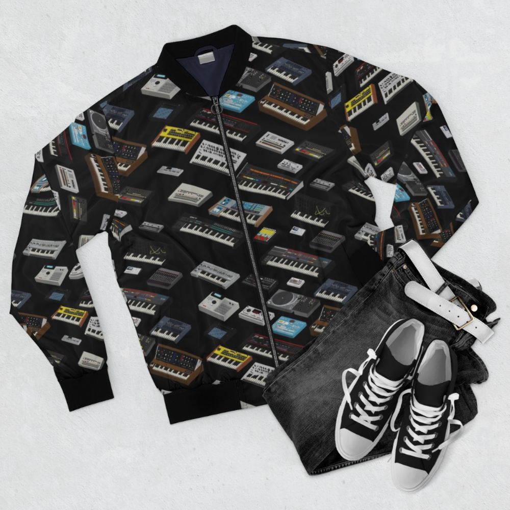 Stylish bomber jacket featuring a synthwave design for music enthusiasts and synth lovers - Flat lay