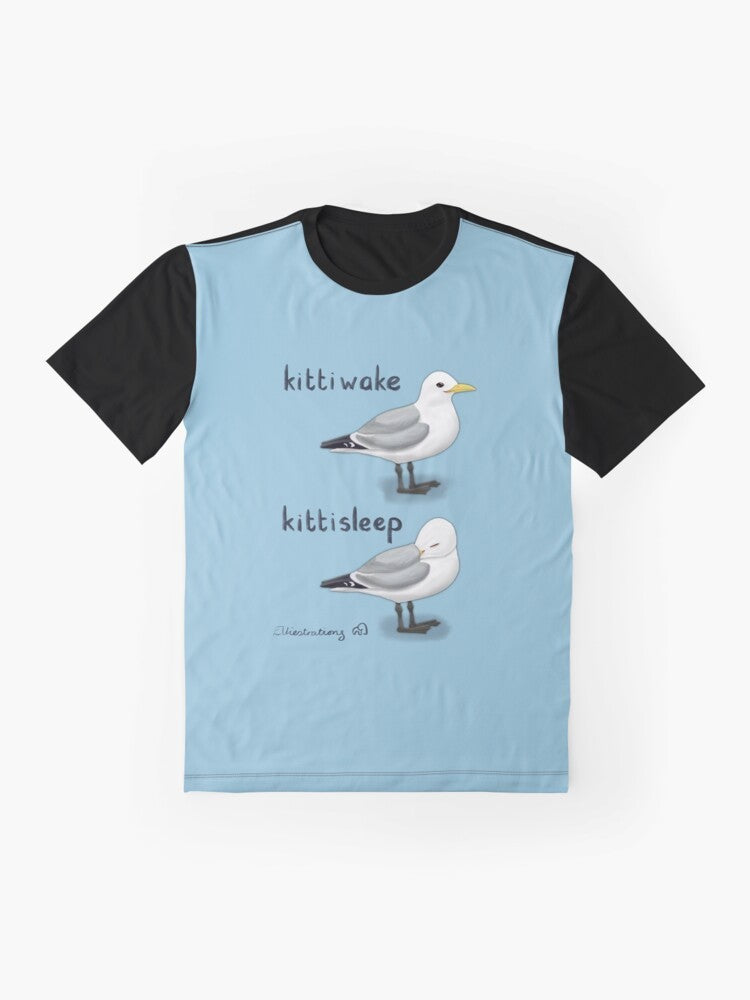 Illustration of a cute kittiwake seabird sleeping on a t-shirt - Flat lay