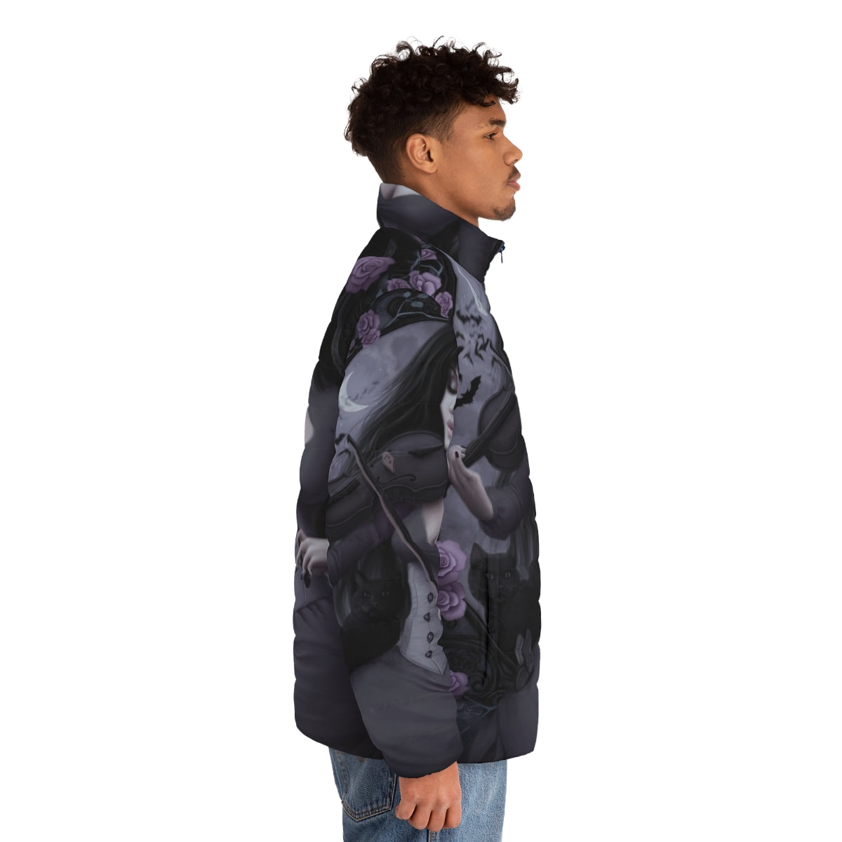 Nocturne Puffer Jacket - Gothic fantasy-inspired outerwear with dark floral motifs - men side right