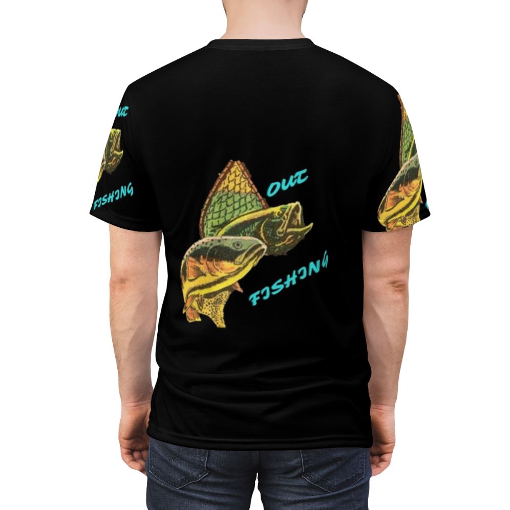 Fishing enthusiast wearing a high-quality t-shirt with a fishing design - men back