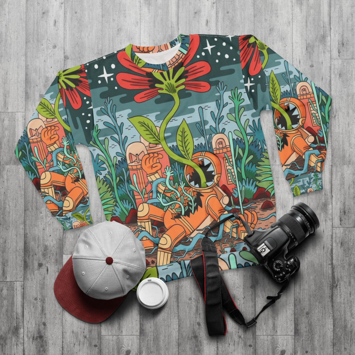 Cosmic Growth Sweatshirt featuring an astronaut in outer space - flat lay