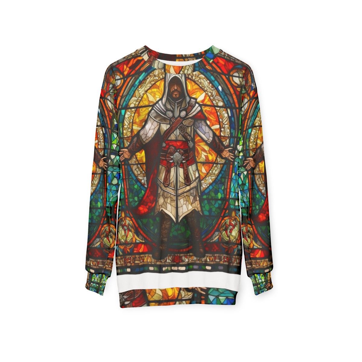 Assassin's Creed inspired sweatshirt with stained glass church window mosaic design - hanging