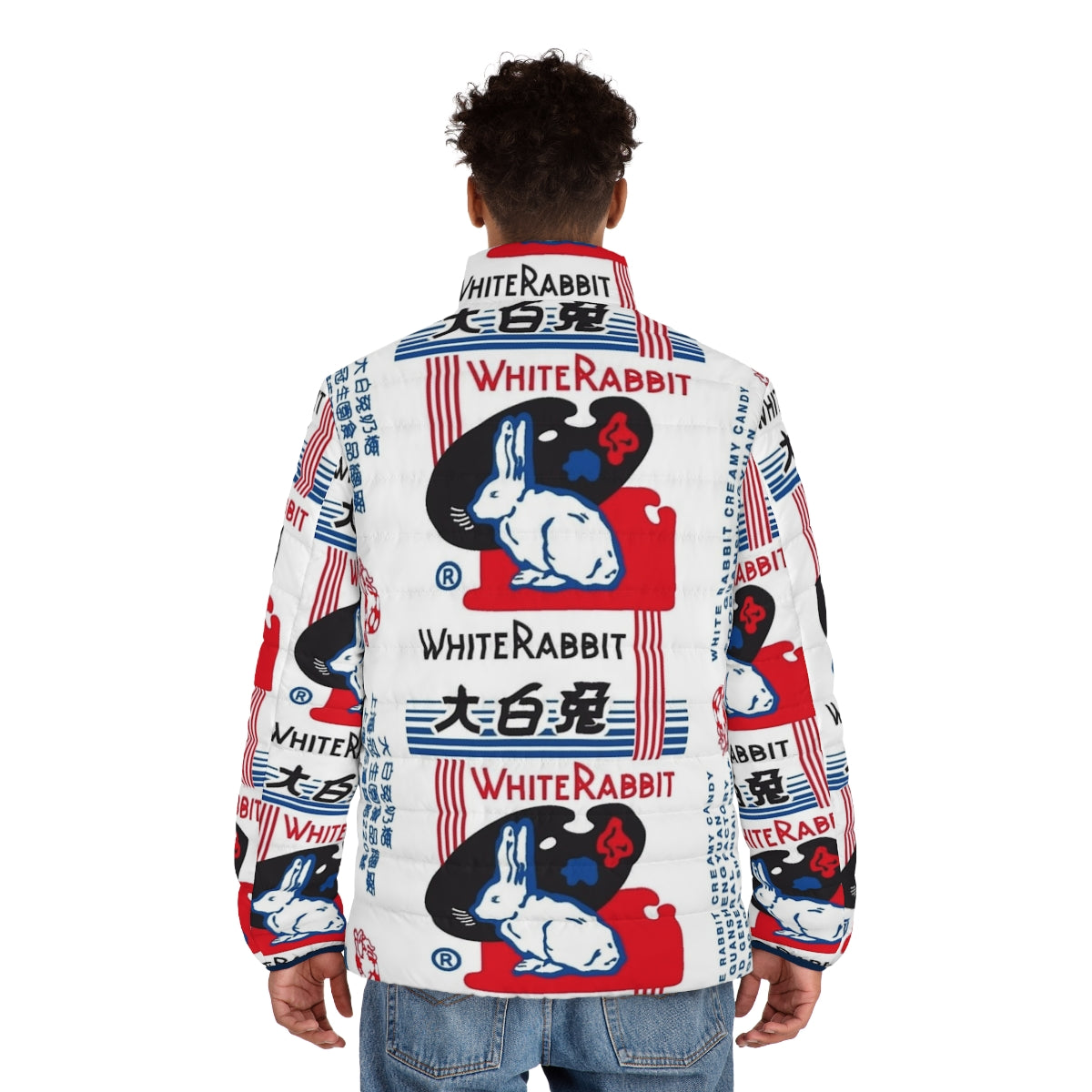 Cozy white puffer jacket featuring the iconic White Rabbit candy design - men back