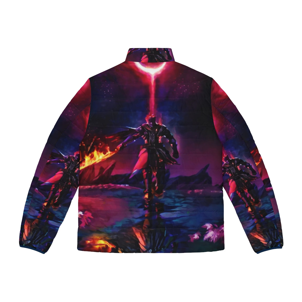 Boss of the Ring in Flames puffer jacket with dark fantasy and gaming inspired design - Back