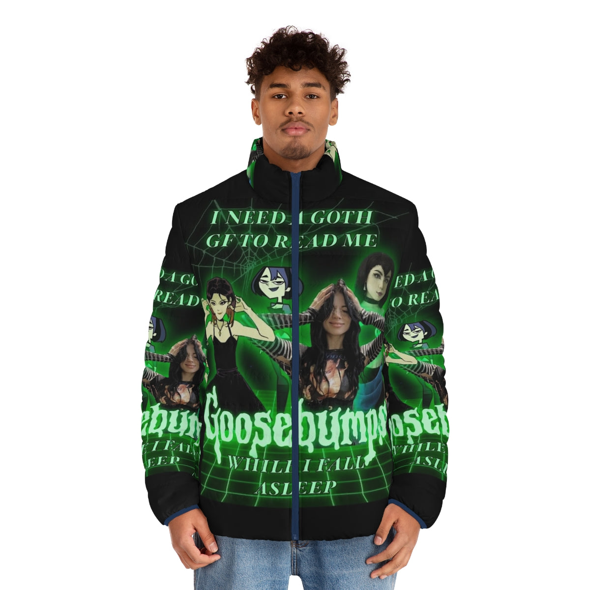 Goth-inspired puffer jacket with Goosebumps-themed design - men front