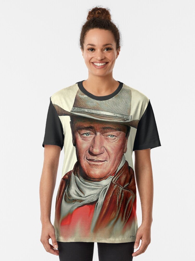 Iconic portrait of legendary actor John Wayne in a classic western-style graphic t-shirt design. - Women