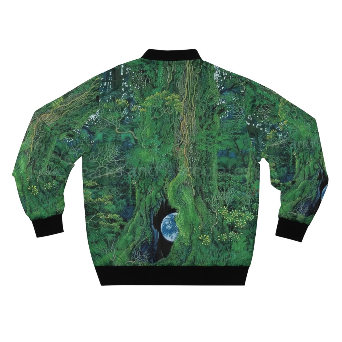 Hiroo Isono's detailed watercolor painting of a forest scene, featuring a bomber jacket design - Back