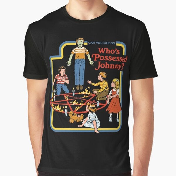 Retro graphic t-shirt with "Who's Possessed Johnny?" parody design in vintage 70s/80s style, featuring occult, demon, and horror elements.