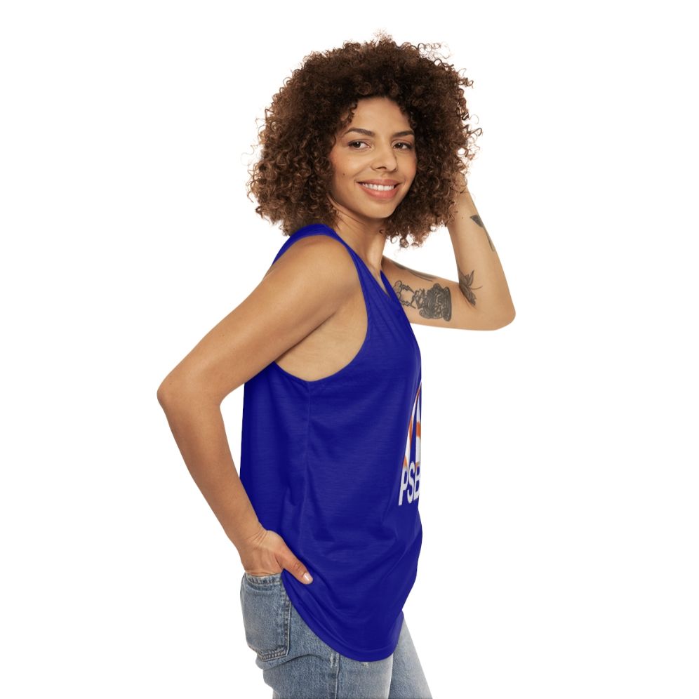 Retro unisex tank top with synth-pop and 1980s style design - women side