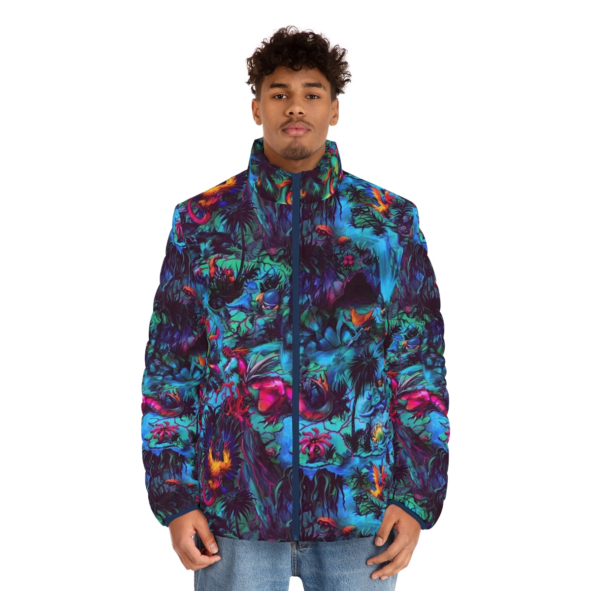 Colorful and vibrant paleo party puffer jacket featuring dinosaur and prehistoric fanart design - men front