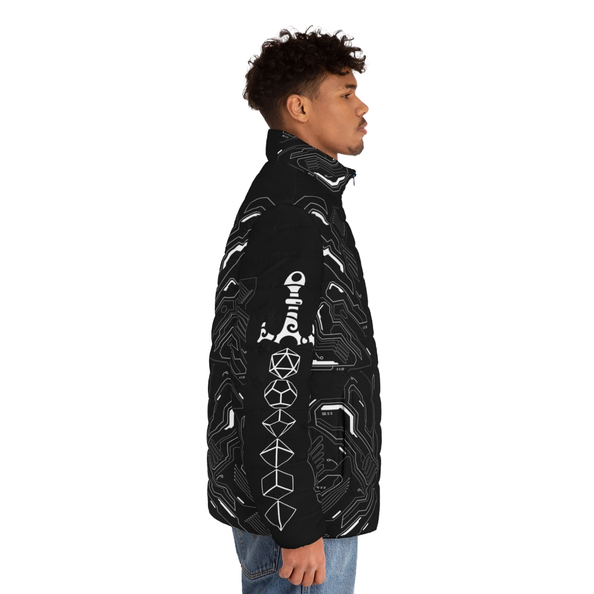 Futuristic Dungeons & Dragons puffer jacket with polyhedral dice design - men side right