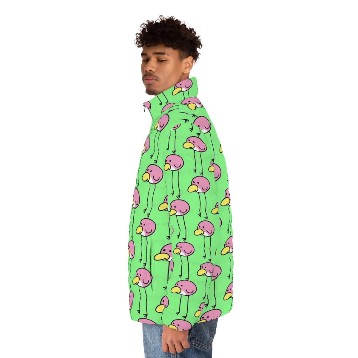 Flock Step Puffer Jacket featuring bird-themed design inspired by Nintendo's Rhythm Heaven series - men side left