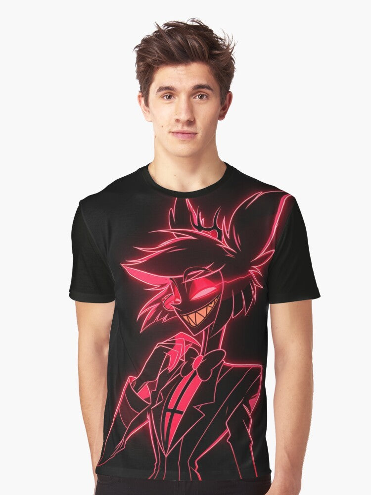 Neon graphic t-shirt featuring the radio demon Alastor from the Hazbin Hotel series - Men