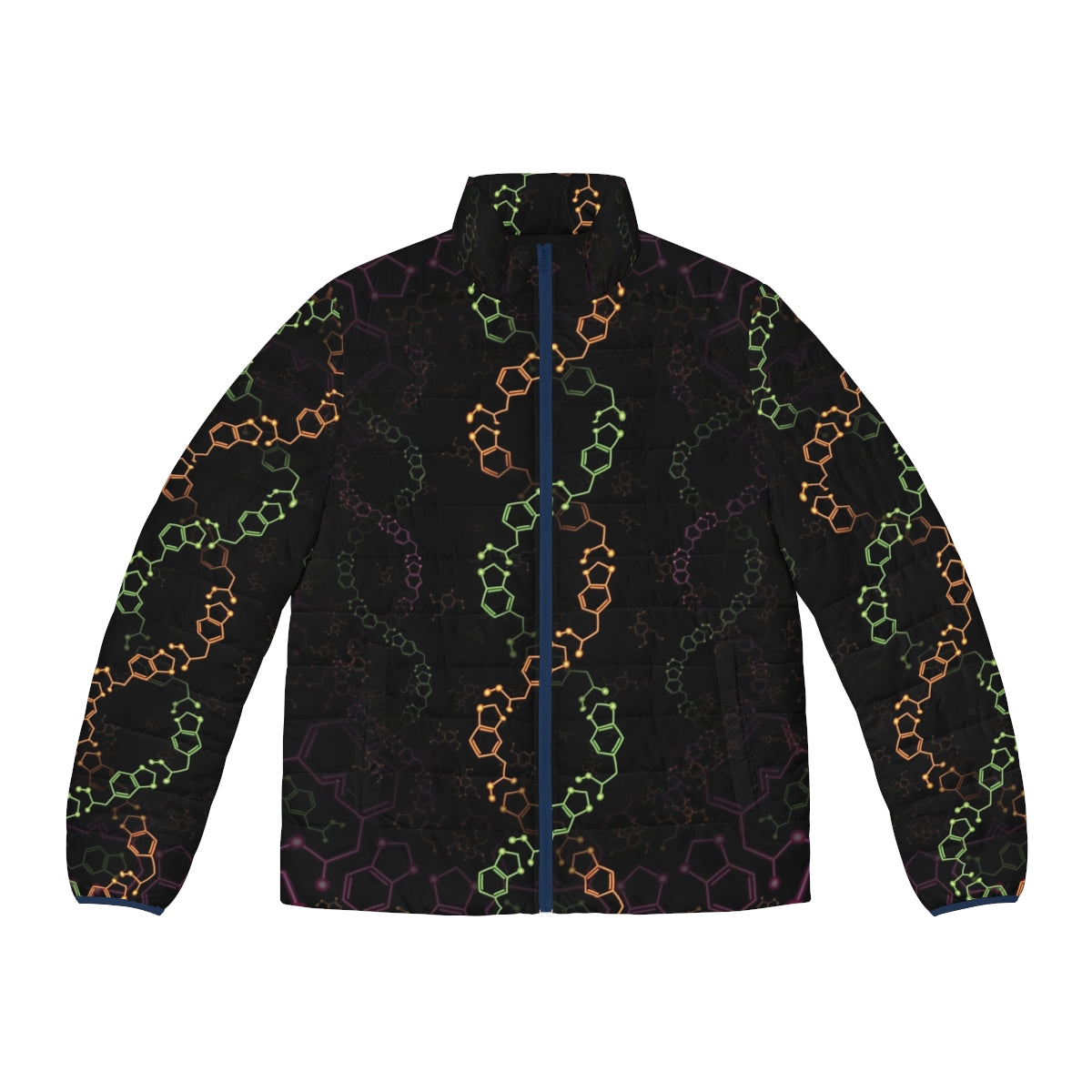 Psychedelic molecule-inspired puffer jacket with trippy, visionary design