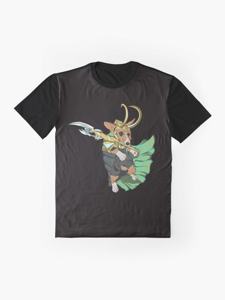 Adorable Loki Corgi of Asgard graphic illustration on a t-shirt - Flat lay