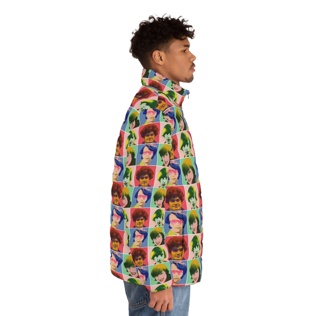 Warhol-inspired checkered puffer jacket featuring The Monkees band members - men side right