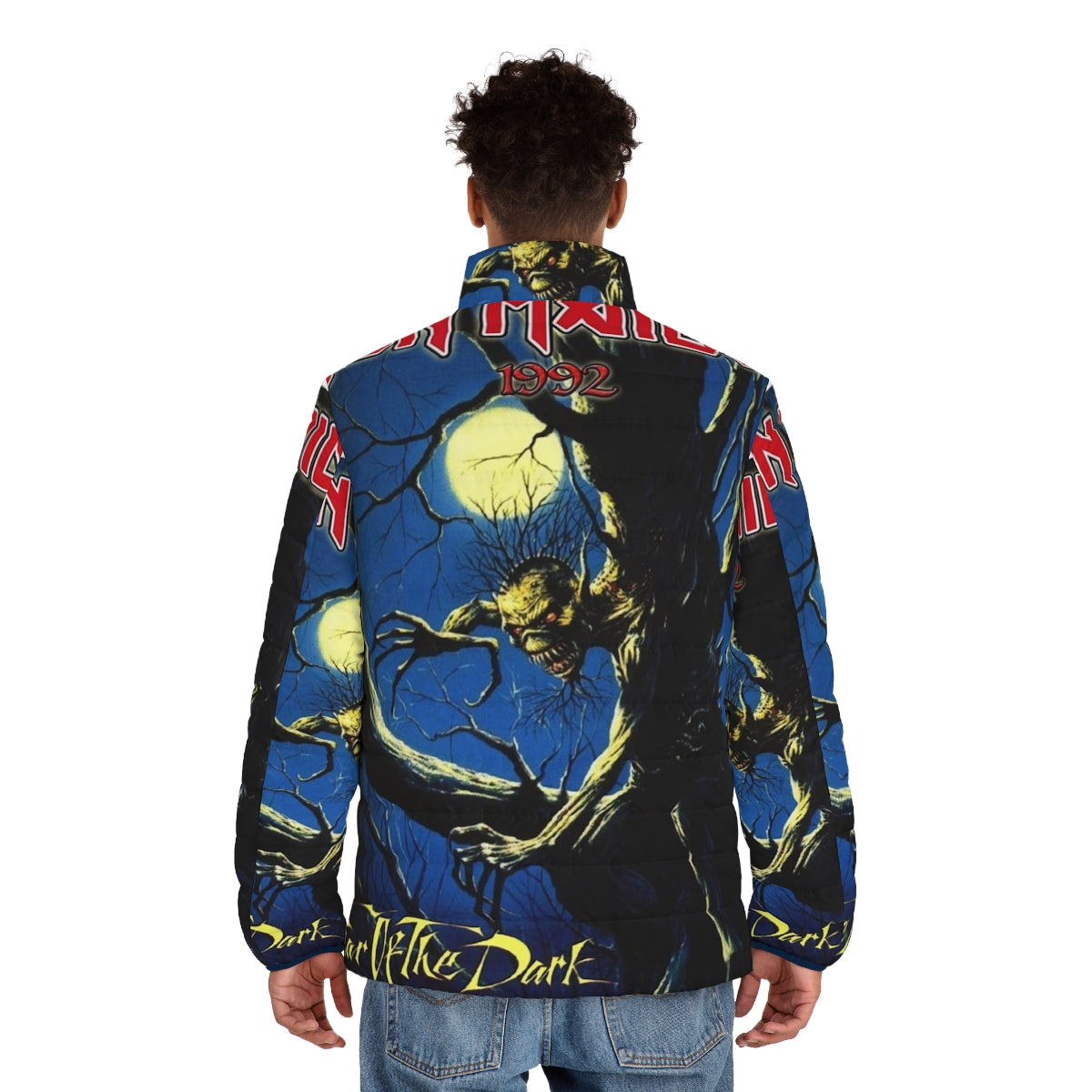 Model wearing an Iron Maiden 'Fear of the Dark' heavy metal inspired puffer jacket - men back