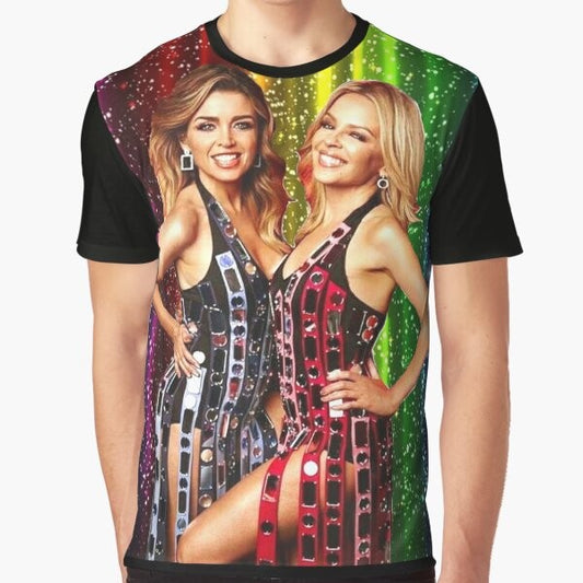 Graphic t-shirt featuring Kylie Minogue and Dannii Minogue in a summer pride design.