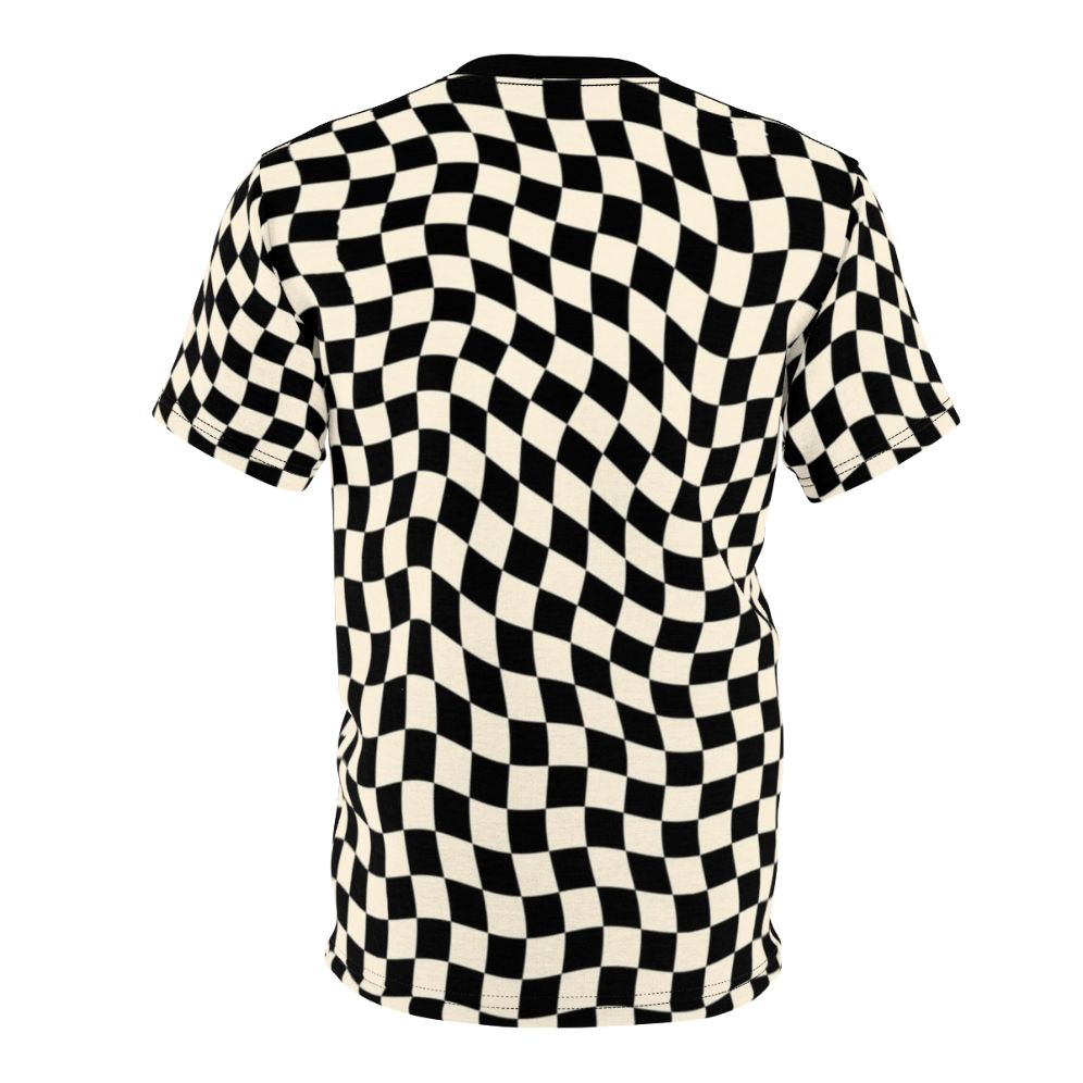 Stylish t-shirt featuring a vibrant wavy checkerboard pattern design - Back