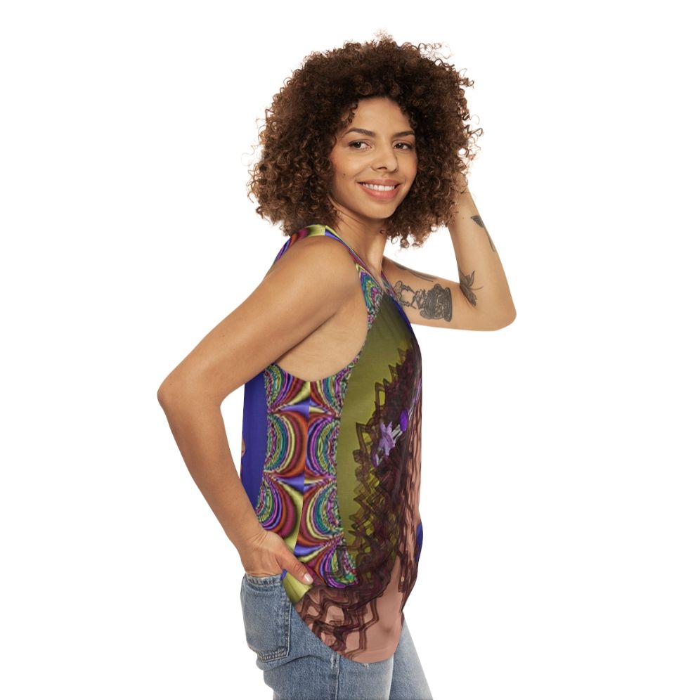 Romantic unisex tank top with nature-inspired psychedelic design - women side