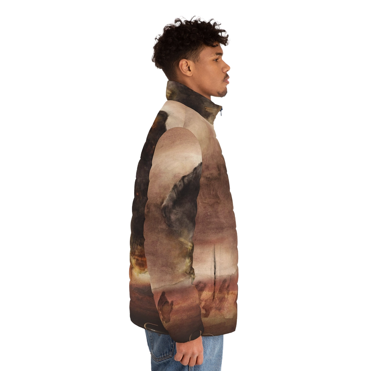 Dune 2020 Arrakis Puffer Jacket with Watercolor Dune Fan Art Design - men side right