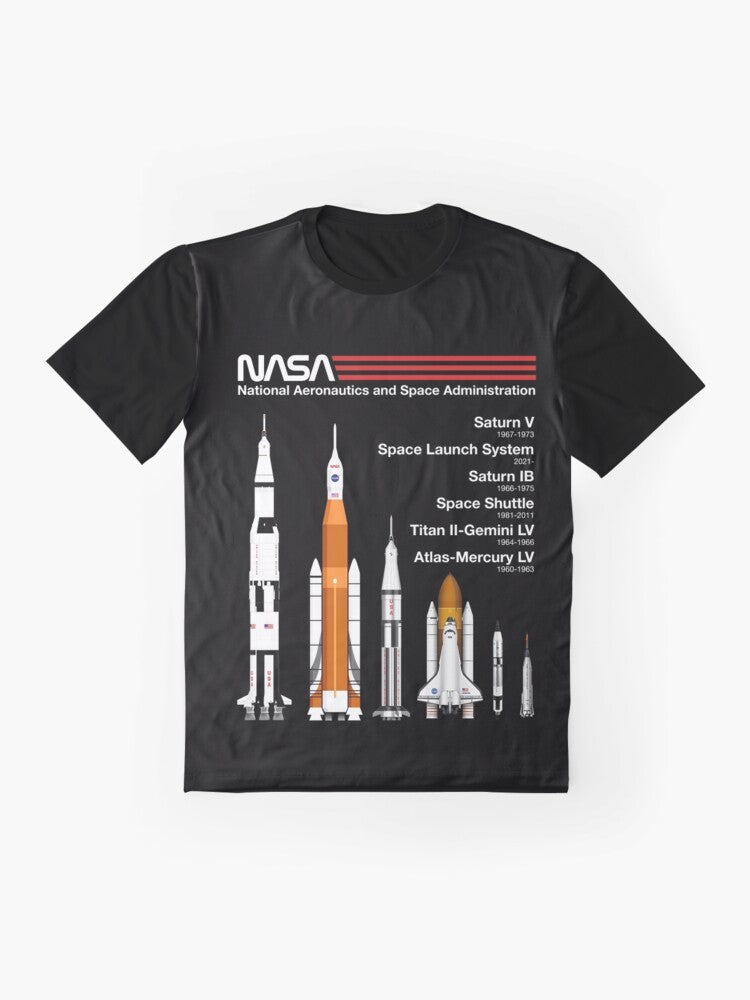 NASA rockets including Saturn V, SLS, Saturn IB, Space Shuttle, Titan, and Atlas in a lineup graphic design for a t-shirt. - Flat lay