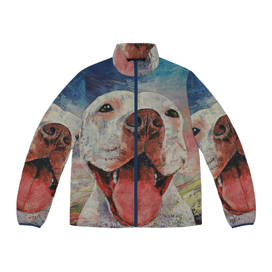 Pitbull puffer jacket for dogs in a dramatic cloudy sky setting