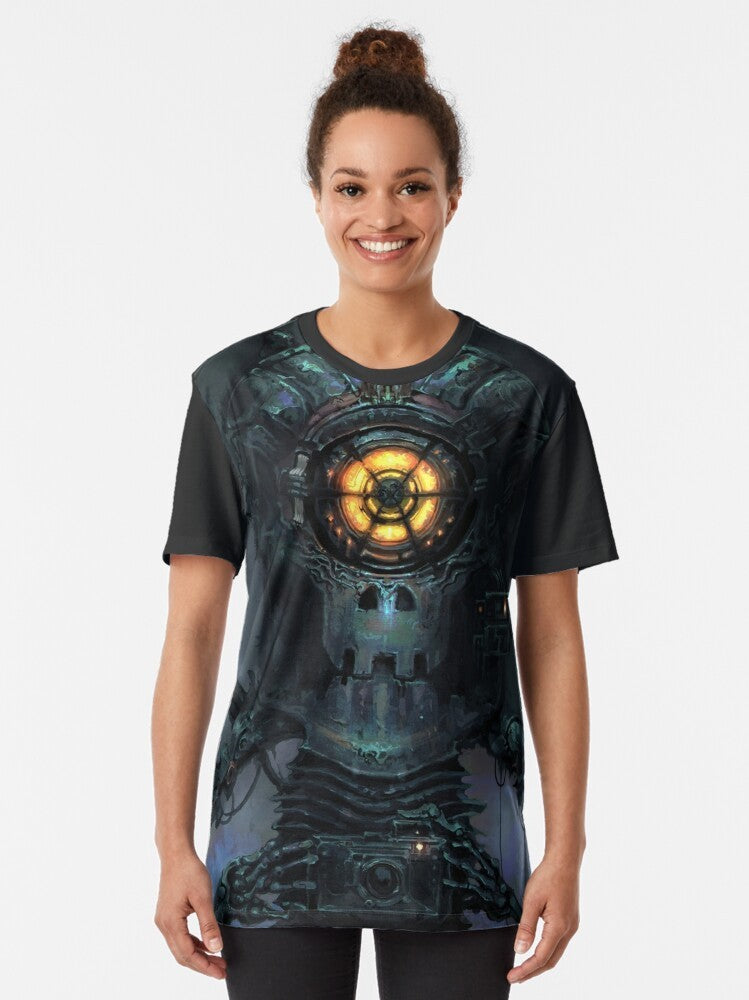 Inscryption graphic t-shirt featuring a Shutterbug design with a robotic, cyclops-like character and sci-fi elements. - Women