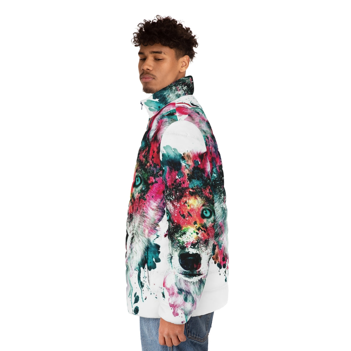 Vibrant wolf puffer jacket artwork featuring abstract, colorful design - men side left