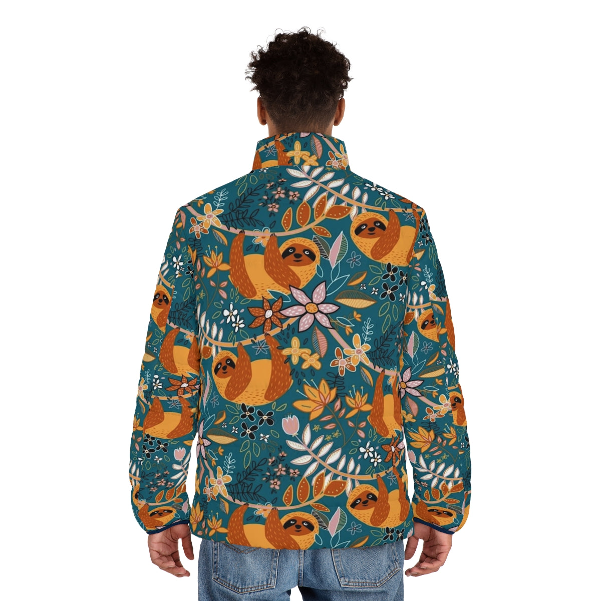 Boho Sloth Floral Puffer Jacket with a happy sloth and floral pattern in teal, orange, brown and blush colors - men back