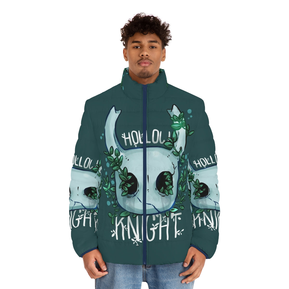 Hollow Knight Puffer Jacket with Iconic Videogame Artwork - men front