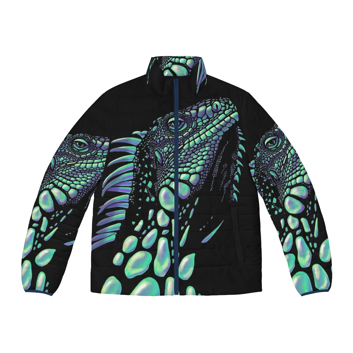 Iguana puffer jacket with soap bubble design