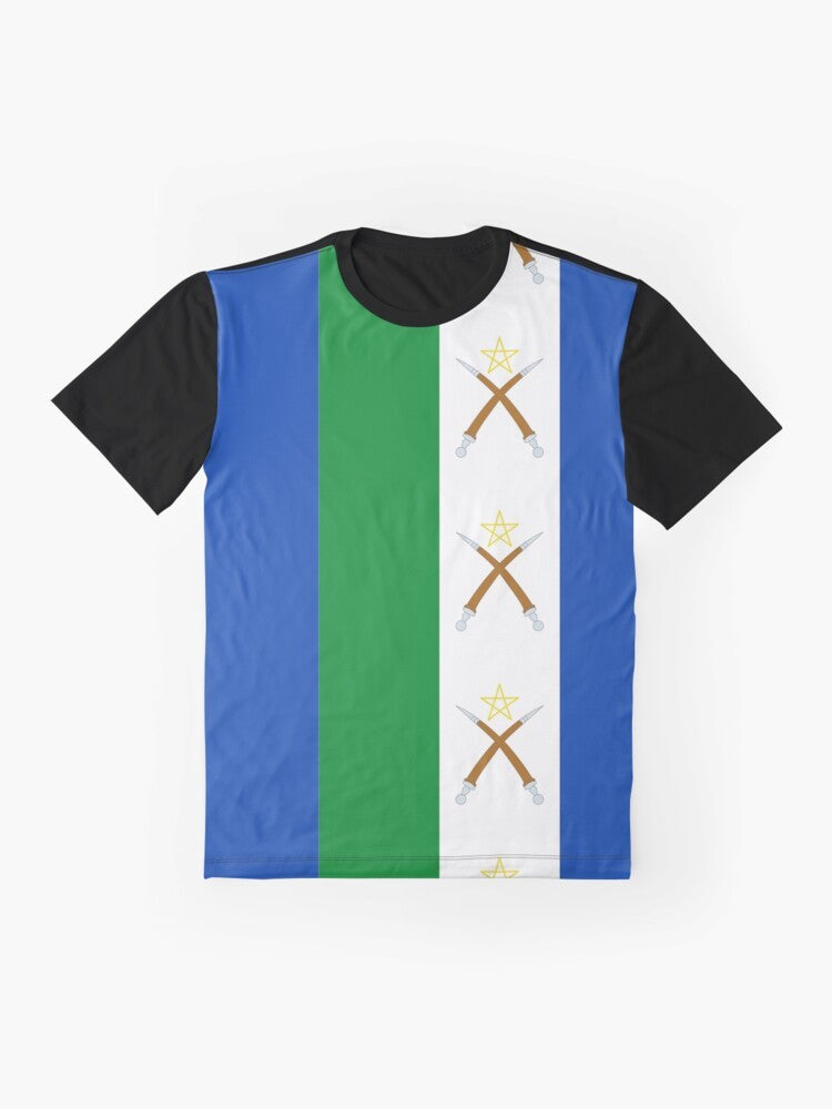 Graphic t-shirt featuring the flag of the Afar people (Qafara) from Ethiopia and Djibouti. - Flat lay