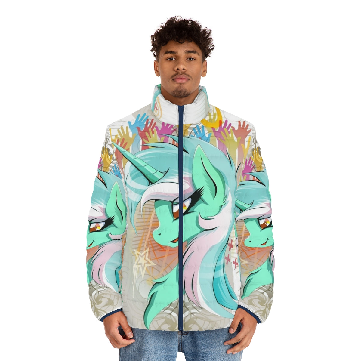 Lyra Heartstrings inspired puffer jacket with unicorn design - men front