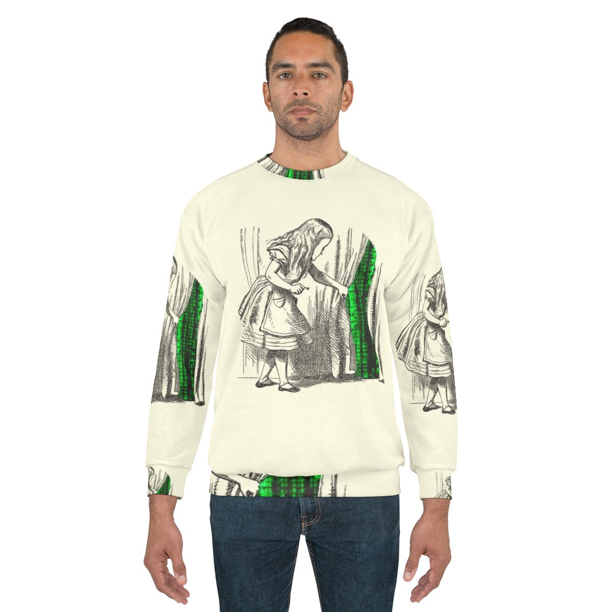 Follow the White Rabbit themed sweatshirt design with Alice in Wonderland and Matrix crossover elements - men