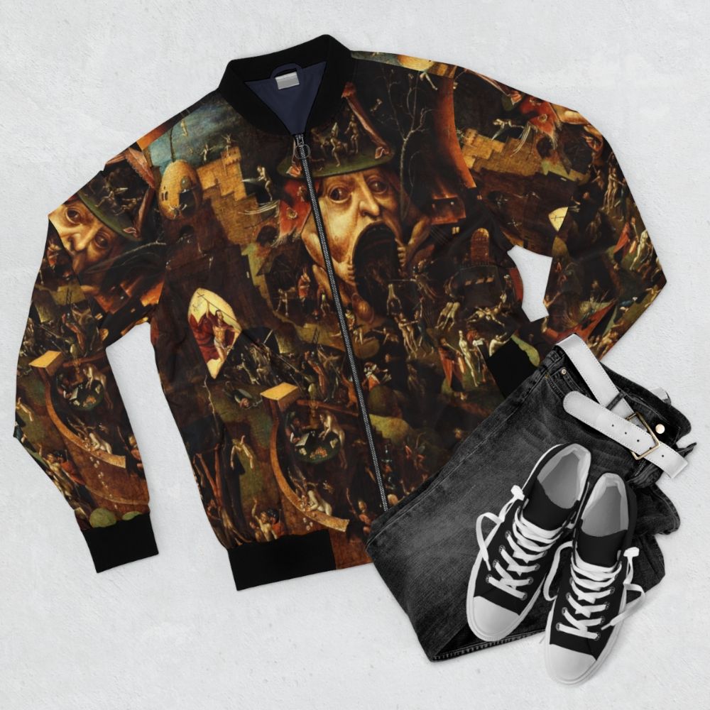 Hieronymus Bosch's "Christ in Limbo" Painting on a Bomber Jacket - Flat lay