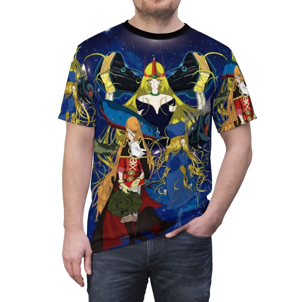 Vintage-inspired science fiction anime t-shirt featuring Captain Harlock and Queen Emeraldas - men front