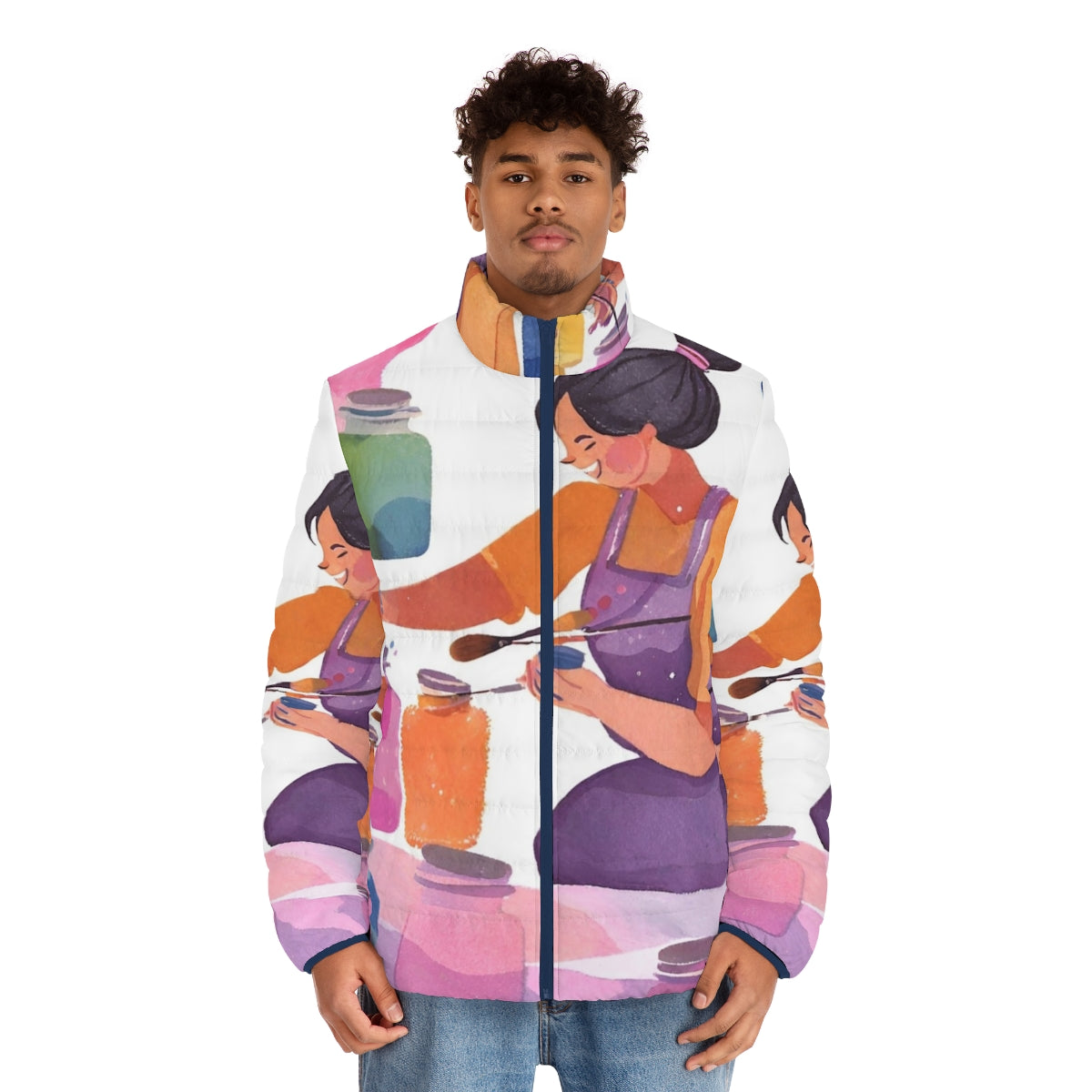 Painter wearing a warm and cozy puffer jacket, perfect for artistic hobbies - men front