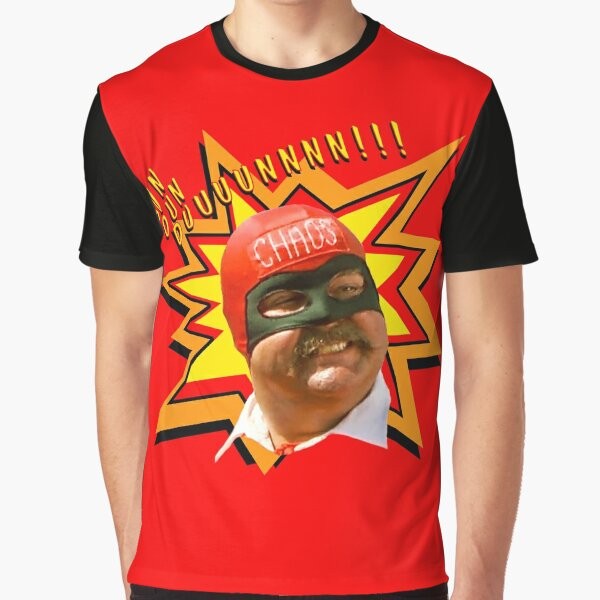 Captain Chaos graphic t-shirt, featuring the iconic character from the classic comedy films of the 70s and 80s.