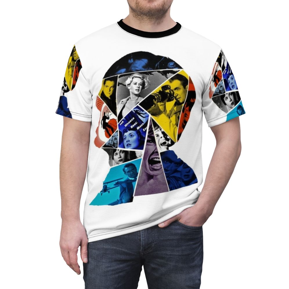 Vintage collage t-shirt design featuring a collage of classic film and cinema imagery - men front