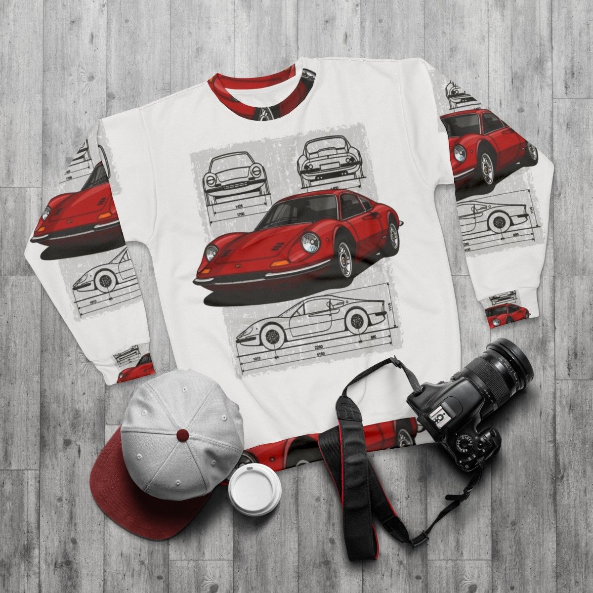 Sweatshirt featuring a drawing of the iconic Ferrari Dino sports car - flat lay