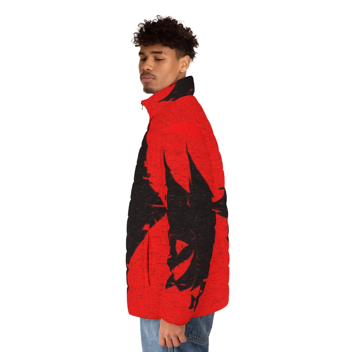 Hazbin Hotel Alastor Puffer Jacket with the iconic Radio Demon design - men side left