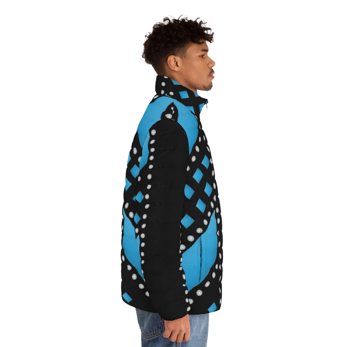 Teal puffer jacket inspired by the costumes from the musical Six - men side right