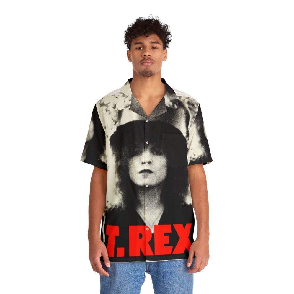 Colorful T-Rex Hawaiian Shirt with Glam Rock Patterns - People Front