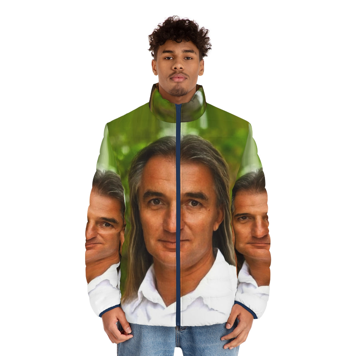 A warm and fashionable men's puffer jacket featuring the Braco Gaze of Miracles design - men front